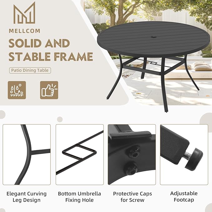MELLCOM 53'' Round Outdoor Dining Table for 6, Metal Patio Dining Table with Umbrella Hole, All-Weather Black Table for Porch, Garden, Backyard, Poolside, Lawn