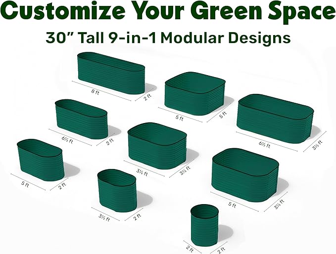 9-in-1 Galvanized Raised Garden Beds Outdoor // 8×2×2.5 ft Modular Planter for Gardening, Vegetables, Flowers // 32" Extra Tall Metal Raised Garden Bed (Dark Green) // Patented Design Planter Box