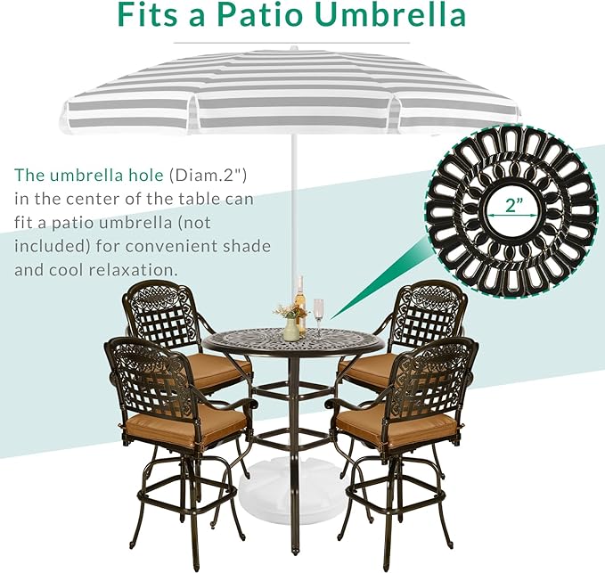VIVIJASON 5-Piece Patio Swivel Bar Stools Set, All Weather Outdoor Cast Aluminum Bar Height Bistro Set with 4 Cushioned Bar Chairs & 35.4" High Bar Table w/Umbrella Hole for Backyard, Lawn, Garden