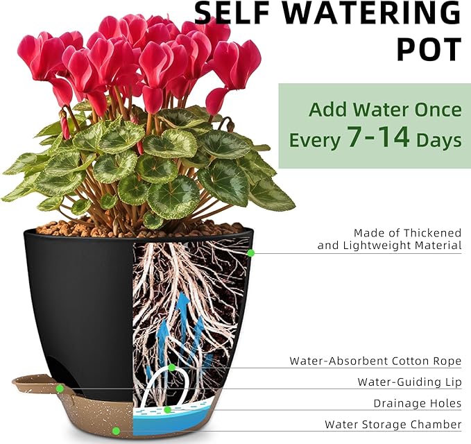 Plant Pots 8/7.5/7/6.5/6 Inch Self Watering Pots,5 Pack Planters with Drainage Holes and Saucers,Plastic Flower Pots,Nursery Planters for Indoor Outdoor Plants (Black)