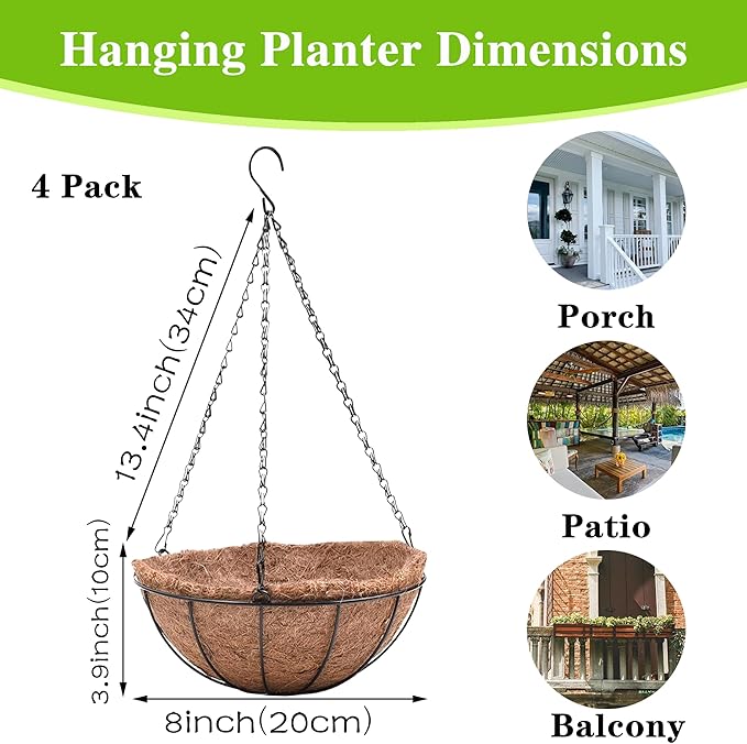 4 Pack Hanging Planter Basket with Coco Coin Liner 8 inch Hanging Flower Pots Outdoor Decorative Round Wire Plant Holder with Chain Metal Hanging Baskets for Plants Outdoor