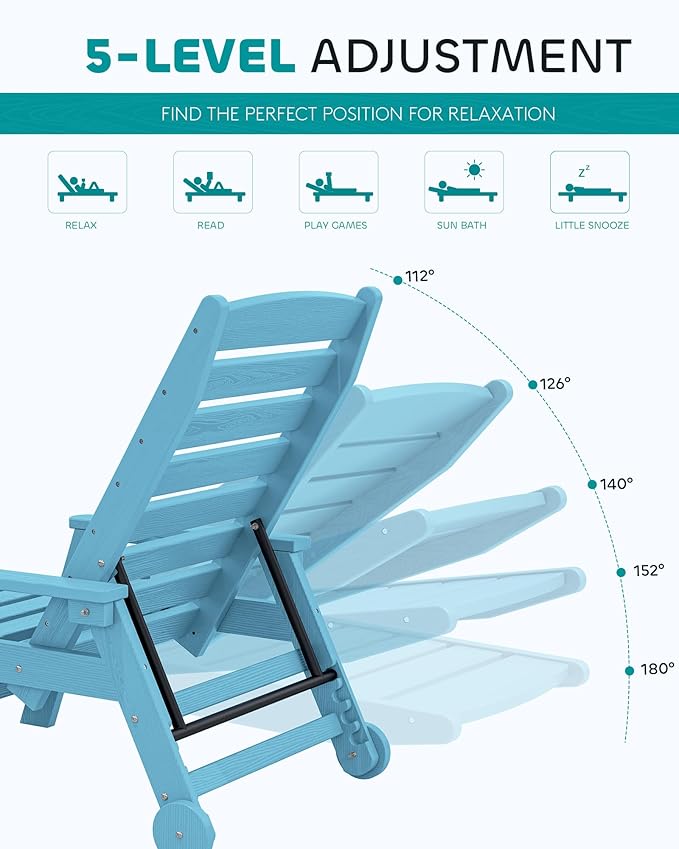 SERWALL Patio Chaise Lounge Chair Set of 2, 78'' Long 5-Positions Adjustable HDPE Outdoor Lounger for Pool, Poly Lounge Chair with Rolling Wheels & Cup Holder for Poolside, Deck, Light Blue