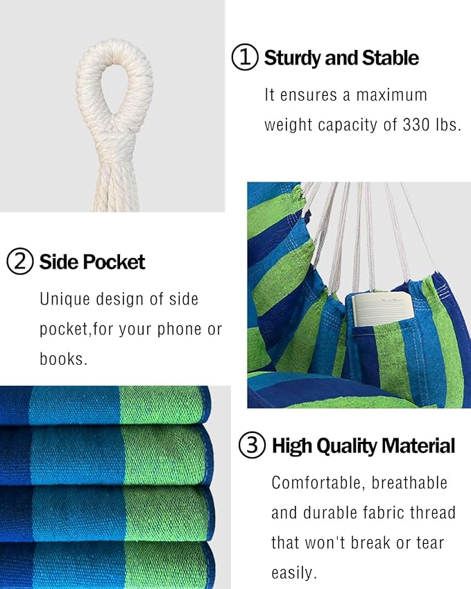 Halalona Hammock Chair Hanging Hammock Chair Rope Swing 2 Cushions Included-Sturdy & Durable Soft Cotton Hand Woven Hammock Swing for Bedroom, Porch, Patio-Indoor/Outdoor