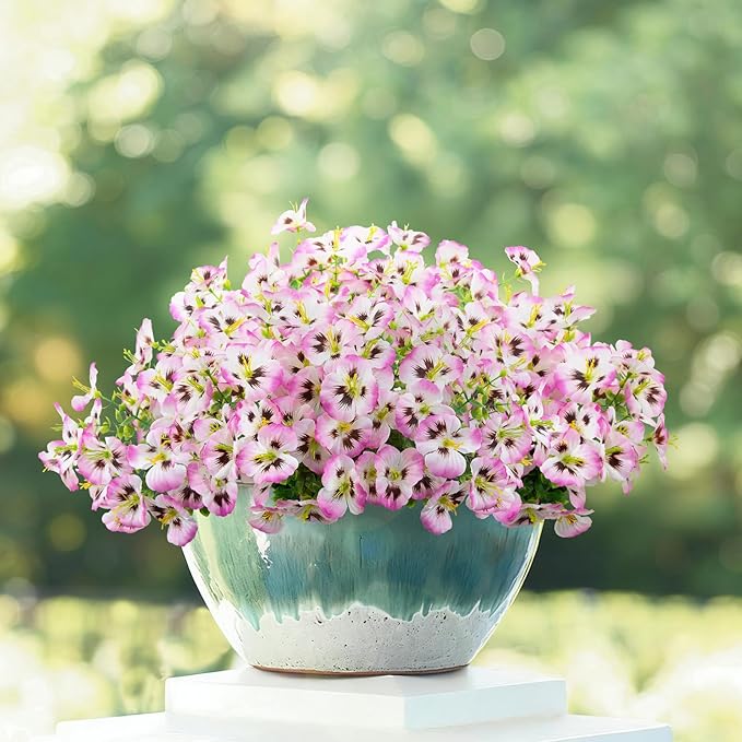 24 Bundles Artificial Pansy Flowers for Outdoor, Faux Silk Pansies Spring Flowers Outside for Planter Front Door Porch Patio Yard Window Box Home Decor (Pink)