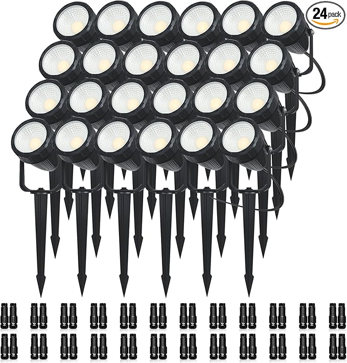 Low Voltage Safety Landscape Lights Outdoor: 7W 840LM LED Landscape Lighting with Connectors & Transformer for Tree Garden Yard Pathway | 24V Warm Yellow 3000K Spotlights | IP65 Waterproof | 24 Pack
