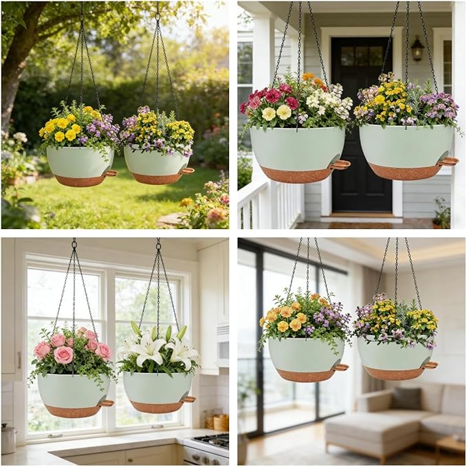 2 Pack 12 Inch Self Watering Hanging Planters for Indoor Plants, Large Green Brown Plastic Hanging Pots with Chains for Outdoor Patio Garden Home Decor Green Brown