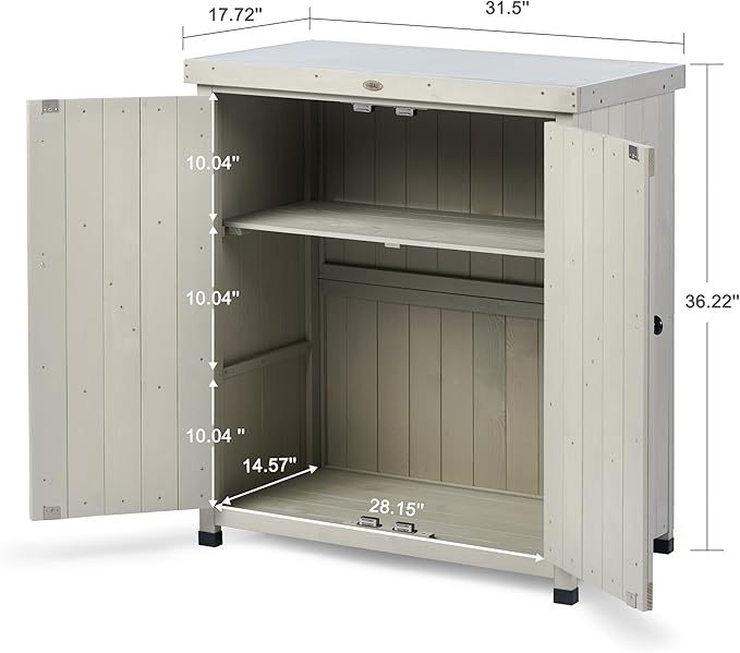 HABAU Outdoor Storage Cabinets Weatherproof for Patio, Garden Work Bench with Shelves & Metal Tabletop, Wooden Potting Table Workstation