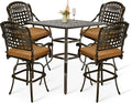 VIVIJASON 5-Piece Bar Height Patio Dining Set, Rust-Free Cast Aluminum Outdoor Table and Chairs Set with 4 Swivel Bar Stools, Cushions & 35.4" High Bar Table w/Umbrella Hole for Deck, Lawn, Garden