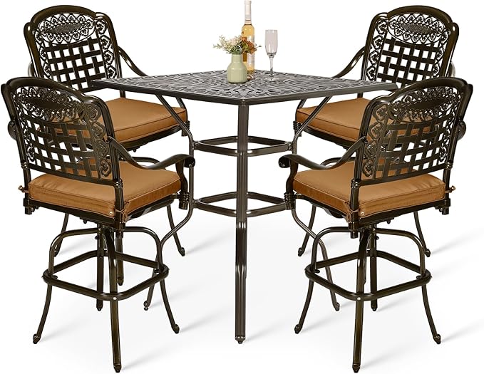VIVIJASON 5-Piece Bar Height Patio Dining Set, Rust-Free Cast Aluminum Outdoor Table and Chairs Set with 4 Swivel Bar Stools, Cushions & 35.4" High Bar Table w/Umbrella Hole for Deck, Lawn, Garden