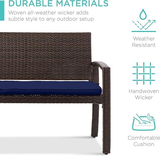 Best Choice Products Outdoor Bench 2-Person Wicker Garden Patio Benches Seating Furniture for Backyard, Porch w/Seat Cushion, 700lb Capacity - Navy/Brown