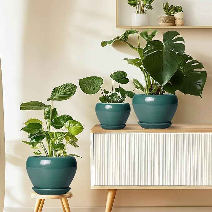 Ceramic Planter for Indoor Plants 10 Inch - Ceramic Plant Pot with Drainage Hole and Saucer, Glaze Round Modern Decorative Planter, Plant Lover Gifts, Home Room Office Decor, Green