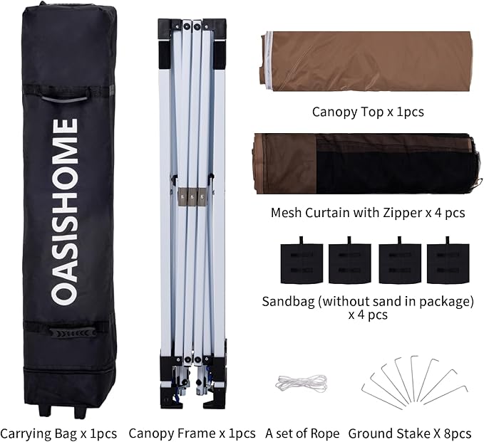OASISHOME 10'x10' Pop-Up Gazebo Canopy Tent with Netting Sidewalls & Wheeled Bag,Weight Bag, Stakes, Ropes, Waterproof, UV Protection, Heavy-Duty Steel Frame for Backyard/Outdoor/Parties (Khaki)
