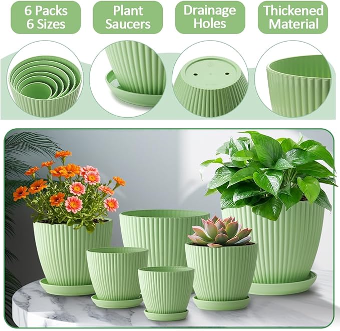 7.5/6.5/5.5/4.9/4.2/3.5 Inch Plant Pots with Saucers & Drain Holes - Indoor/Outdoor Flower Pots for Succulents, Herbs, Cactus - Modern Lightweight Durable Planter Set, Green