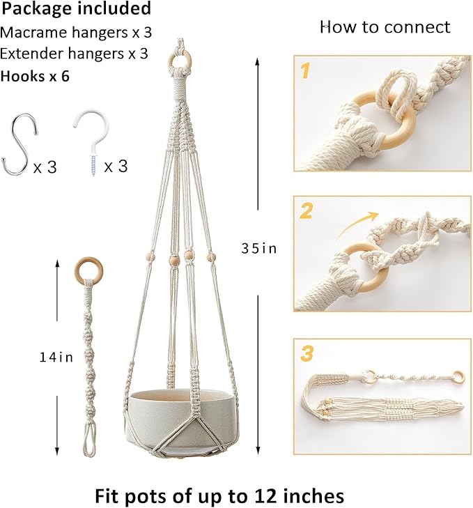 CADNLY Macrame Plant Hangers Indoor – Rope Hanging Plant Holder with Extender - Boho Hanging Planters Indoor - White Macrame Hanger Outdoor Flower Pot Holder from Ceiling Wall 3 Pack 6 Hooks