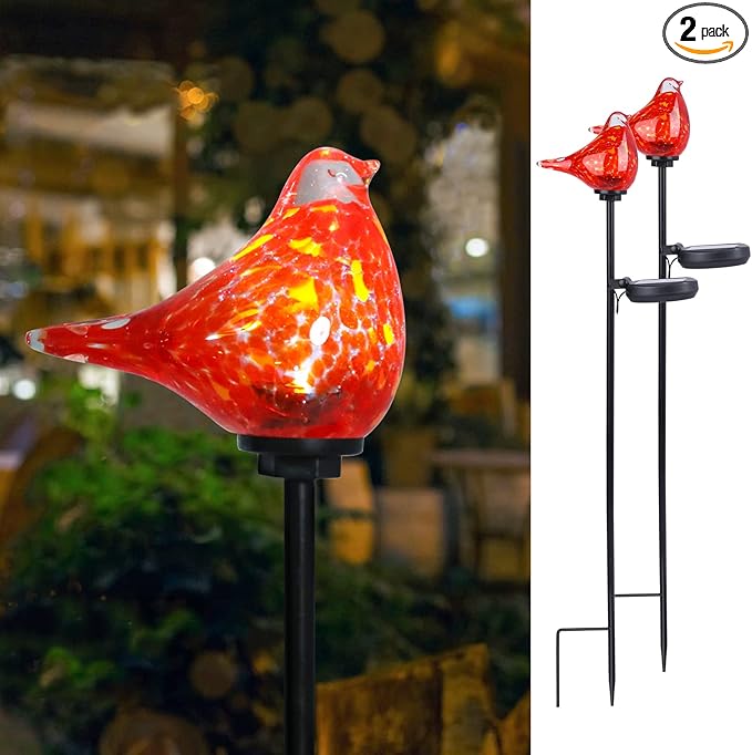 Bshine Solar Garden Decoration Outdoor Cardinal Lights, Hand Blown Glass Waterproof Solar Light Stake Red Cardinal Decorate Paths, Pathways, Lawns and Yards Art for Mom Gift, 2 Pack