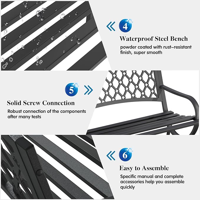 On Shine 50'' Patio Garden Bench, Loveseats Patio Park Bench,Black Steel Cast Iron Frame Bench,Metal Bench Outdoor for Porch Yard Lawn Deck (Grid)