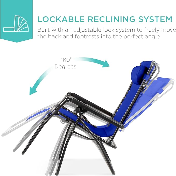 Best Choice Products Folding Zero Gravity Outdoor Recliner Patio Lounge Chair w/Adjustable Canopy Shade, Headrest, Side Accessory Tray, Textilene Mesh - Cobalt Blue