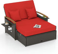 Tangkula Patio Rattan Daybed with 4-Level Adjustable Backrest, Outdoor Wicker Loveseat with Acacia Wood Armrest, Storage Ottoman & Folding Tray, Double Sunbed for Balcony, Backyard & Poolside, Red
