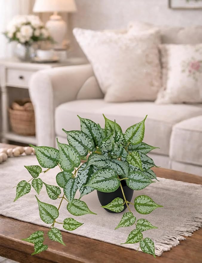 17.7" Artificial Plants Indoor Home Decor, Fake Potted Silk Plants for Shelves, Desks, Living Room, Home & Office Decor, Small Artificial Ivy Vine Plant in Pots, Faux Greenery Tropical House Plant
