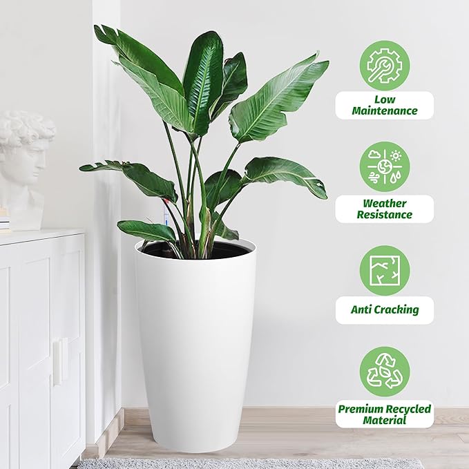 GarveeLife Set of 2 Tall Planters for Outdoor Plants, 22 in Large Planters for Outdoor Indoor Plants with Water Level Monitor ＆ Inner Bucket, Automatic Watering, for Porch, Patio, Backyard, White