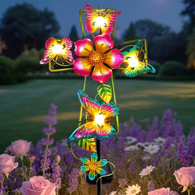 Solar Butterfly Cross Garden Stake Light, Metal Cross Cemetery Decorations for Grave Outdoor Lights, Sympathy Memorial Gifts, for Garden Lawn Yard Patio Decor