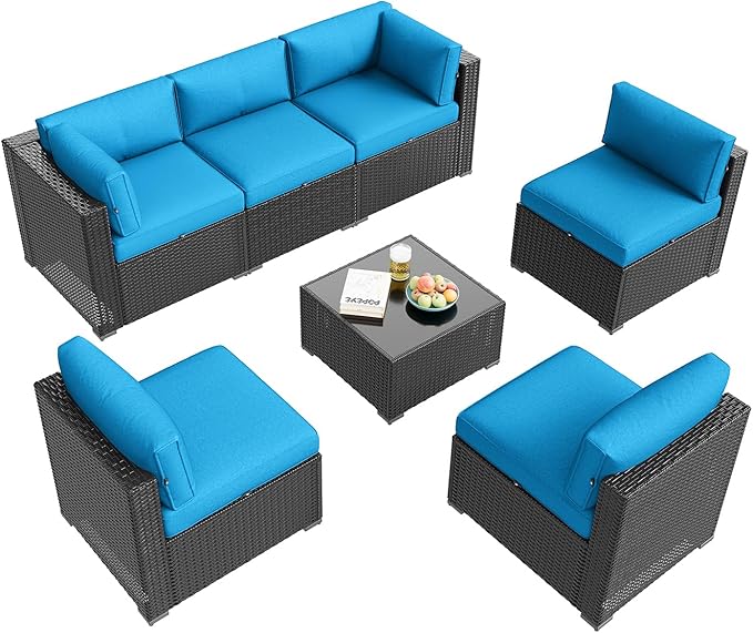 Aoxun Patio Furniture Set, 7 Piece Outdoor Sectional Sofas with Waterproof Cover, Wicker Rattan Outdoor Furniture Patio Conversation Set for Backyard, Garden Peacock Blue