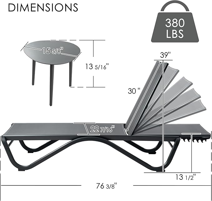 Kozyard Outdoor Chaise Lounge Chair, Full Aluminum Frame, Adjustable Reclining Patio Lounger for Poolside, Sunbathing & Backyard, Textilene (Gray, 2Chairs + Table)
