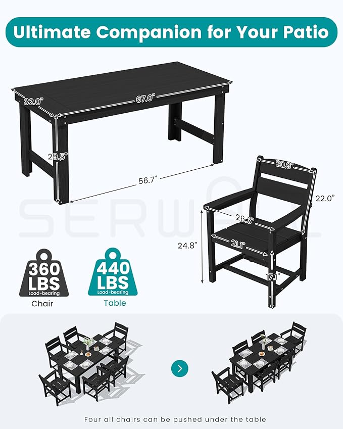 SERWALL Outdoor Dining Table Set, 67‘’ HDPE Patio Dining Set for 4, All-Weather Outdoor Table and Chairs Set for Deck, Black