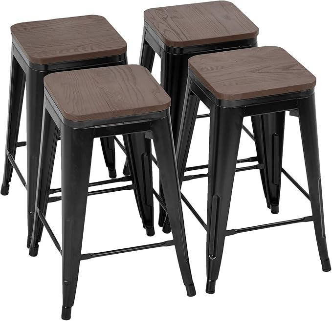 FDW Metal Bar Stools Set of 4 Counter Height Bar Stools 24 Inches Industrial Bar Chairs Patio Stool Stackable Backless Stool Indoor Outdoor Metal Kitchen Stools Bar Chairs (Black with Wood, 24")
