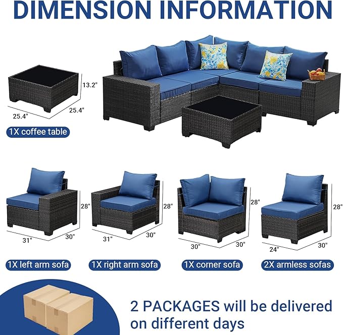 Jing's Villa 6-Piece Patio Furniture Set, All-Weather Outdoor Wicker Sectional Sofa with Cushions, Glass Table & Left and Right Armrest, Rattan Conversation Seating for Porch, Garden, Backyard,Navy