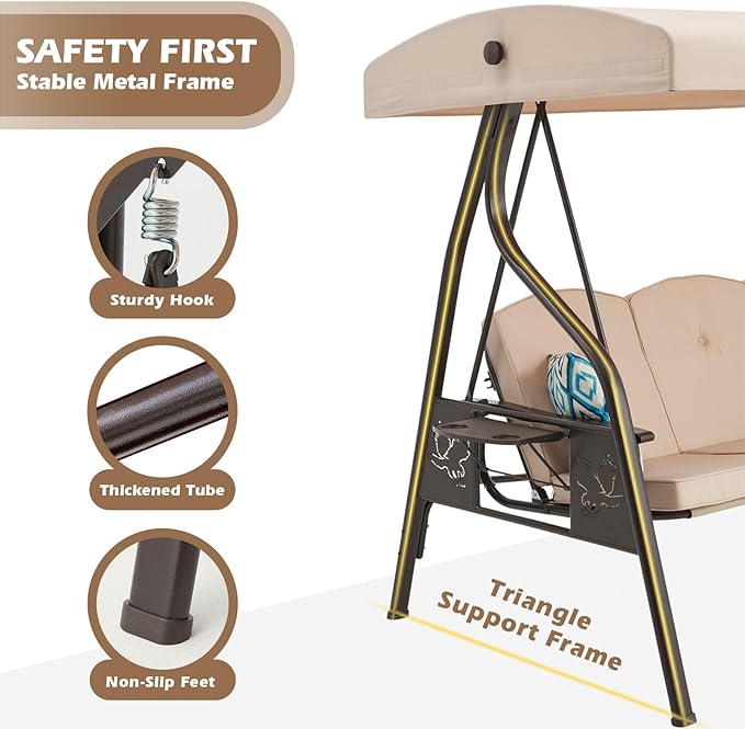 3-Seat Outdoor Porch Swing with Stand, Patio Swing with Canopy, 2 in 1 Porch Swing Bed & Patio Swing Chair for Adult, w/Extra Pillows and Cup Holder for Yard
