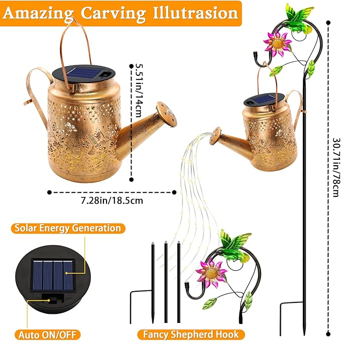 Solar Powered Hummingbird with Flowers Watering Can Lights Waterproof Outdoor Garden Decor with Shepherd Hook, Hanging Lights for Yard, Porch, Backyard Perfect Christmas Gift for Women, Mom, Grandma