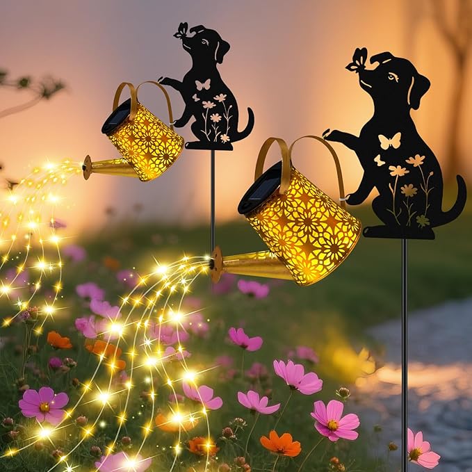 Solar Lights Outdoor Decorative, Watering Can with Cascading Lights, with Dog Silhouette Garden Stakes, Waterproof Metal Garden Decor 2 Pack