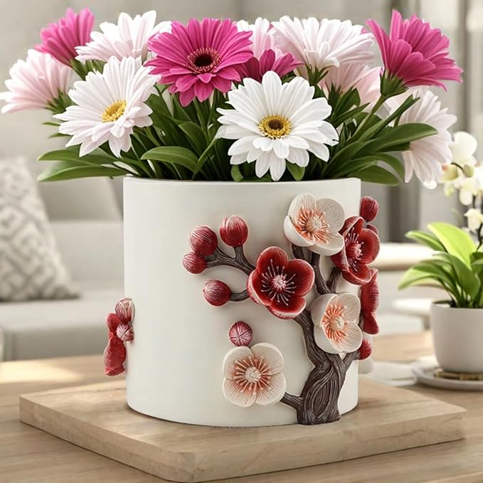 Flower Pot, 5 Inch Cute Plant Pots with Plum Blossom Design, Resin Decorative Flower Pots with Drainage for Indoor Plants, Succulents, Home and Garden Decor