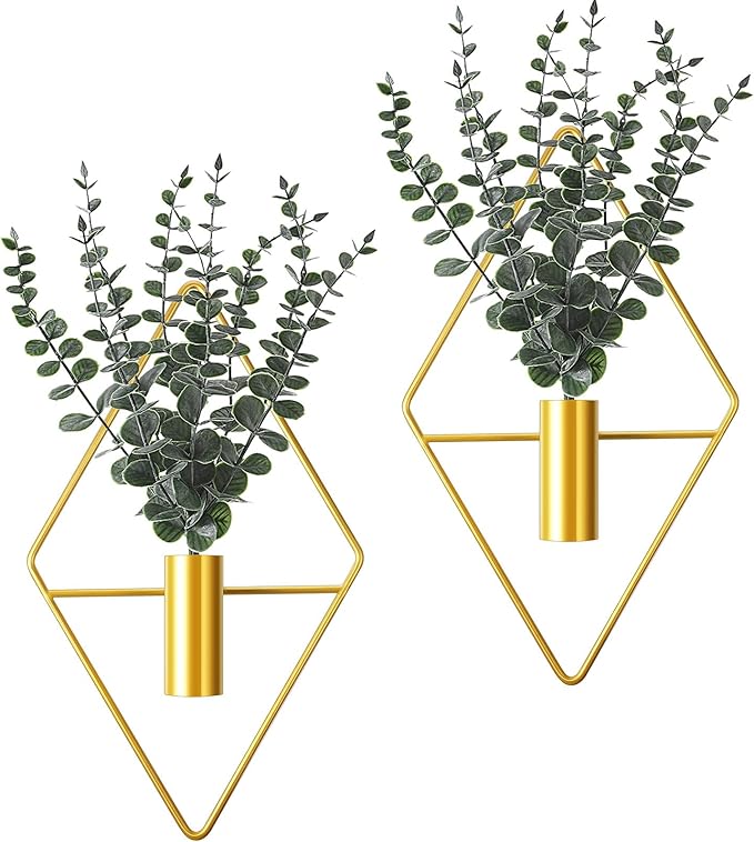Jexine 4 Pcs Hanging Planters with Artificial Eucalyptus Metal Hanging Vase Indoor Plants Holder Modern Geometric Boho Bathroom Wall Decor for Living Room Home Office (Eucalyptus,Gold)