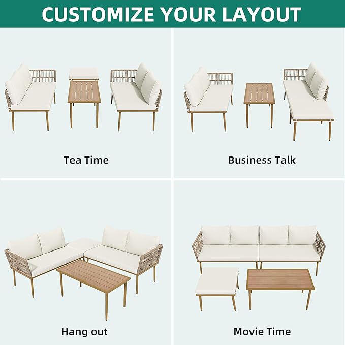 DWVO 6 Pieces Patio Furniture Set, L Couch Outdoor with Coffee Table&Washable Cushions, Outdoor Patio Sectional Wicker Rattan Conversation Sectional Set for Garden Yard Pool Beige