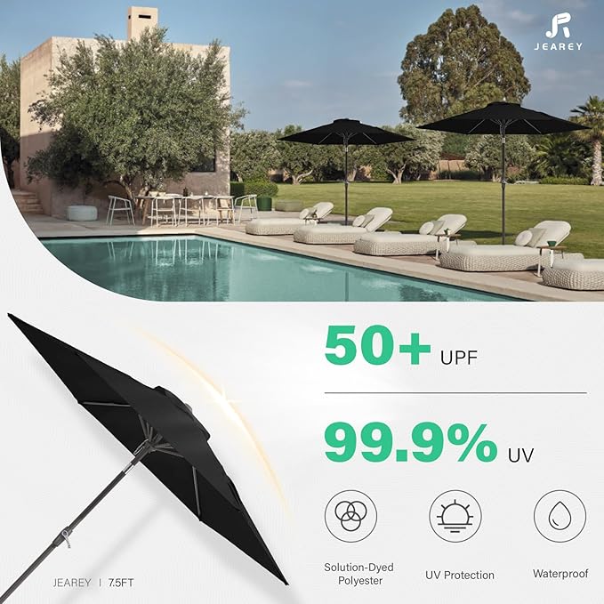 JEAREY 7.5FT Patio Umbrella Market Table Umbrella with 6 Sturdy Ribs, Push Button Tilt/Crank Outdoor Umbrella for Garden, Deck, Backyard, Pool, Black