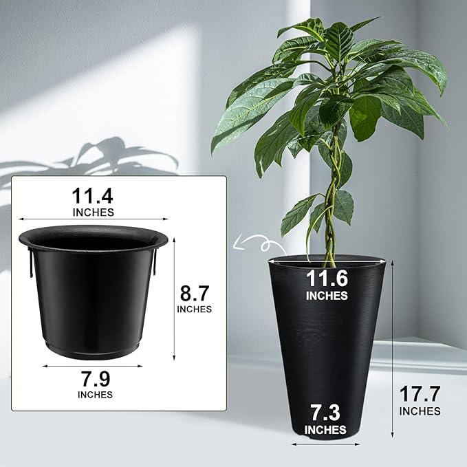 Sieral Set of 2 Tall Outdoor Planters 12 x 18 Inch Large Resin Outdoor Planters for Front Porch Flower Round Floor Decorative Indoor Pots with Drainage(Black)