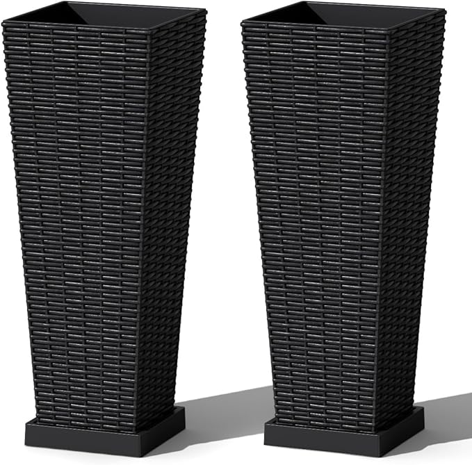 Greesum Set of 2 Tall Plastic Planters with Saucer, 24 Inch Large Pots with Drainage Trays, Weather-Resistant Plastic Plant Containers for Patio, Porch, Garden,Black