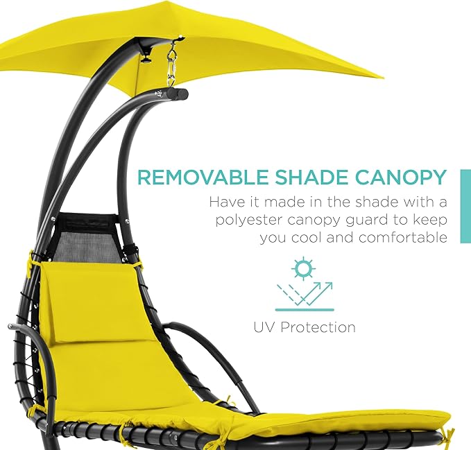 Best Choice Products Outdoor Hanging Curved Steel Chaise Lounge Chair Swing w/Built-in Pillow and Removable Canopy - Yellow