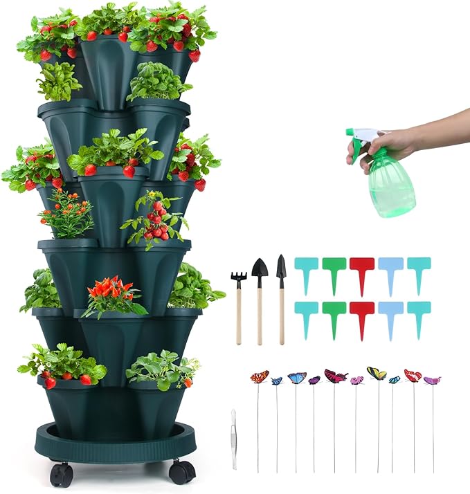 GameXcel Vertical Planter, 6 Tier Stackable Strawberry Planter with Garden Tool Set, Movable Indoor/Outdoor Garden Herb Pot for Growing Vegetables and Succulents, Green