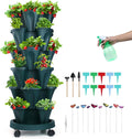 GameXcel Vertical Planter, 6 Tier Stackable Strawberry Planter with Garden Tool Set, Movable Indoor/Outdoor Garden Herb Pot for Growing Vegetables and Succulents, Green