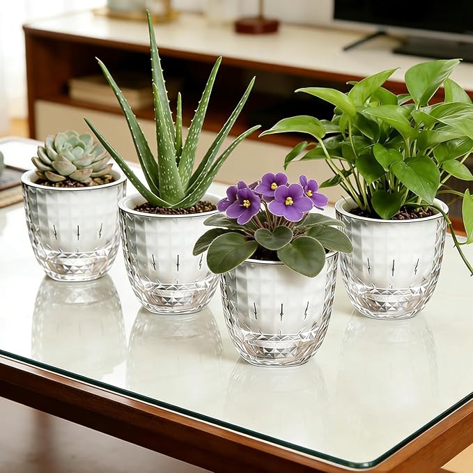 4 Pack 4 inch Self Watering Pots Planters for Indoor Plants, African Violets Pots with Wick Rope, Modern Plastic Nursery Pots for All House Plants,Flowers Succulents,Herbs,Cactus,Orchids