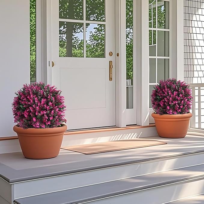 Artificial Topiary Tree with Pink Eucalyptus, Set of 2 Artificial Shrub Bushes with Ground Spike, Fake Evergreen Tree for Porch, Artificial Plants for Outdoor Planters Indoor UV Resist