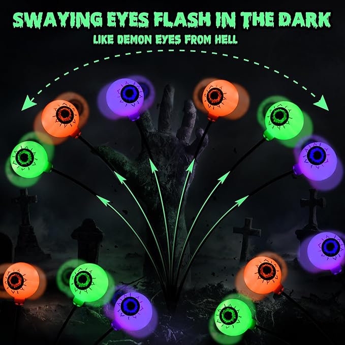 BrizLabs 6 Pack 36 LED Halloween Solar Eyeball Lights, 2 Modes Outdoor Halloween Pathway Lights, Solar Spooky Path Light Waterproof, Swaying Firefly Light for Yard Garden Lawn, Orange & Purple & Green