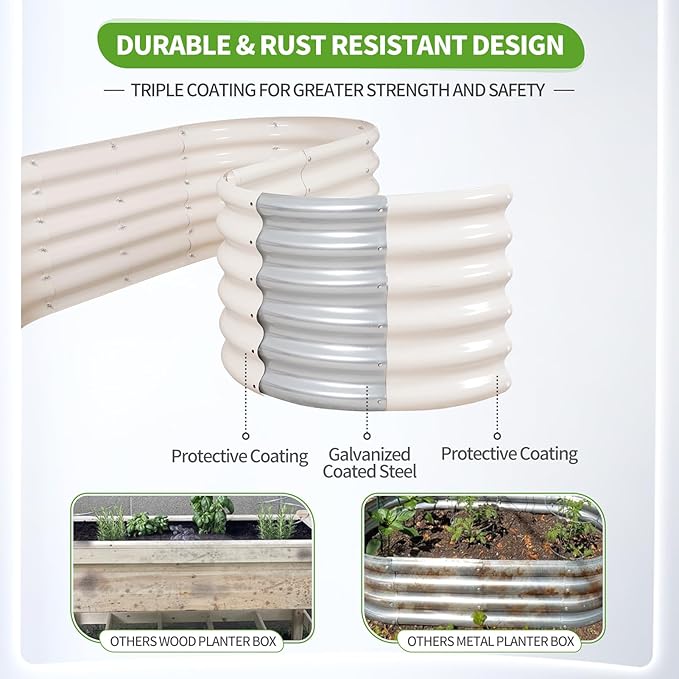 Galvanized Raised Garden Bed - 8x2x1.4FT Metal Planter Boxes Outdoor | Oval Steel Raised Bed Kit for Gardening with Protective Tape, Bracing Rods, Gloves for Vegetables, Flower, Herb (White)