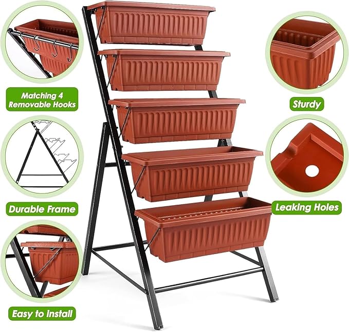 SEJOV 2 Pack Vertical Raised Garden Bed, 5 Tiers Elevated Planter Box for Herbs Vegetables Flowers, Graden Vertical Planter w/Drainage System for Patio Balcony Garden Outdoor Indoor Plants, Dark Red