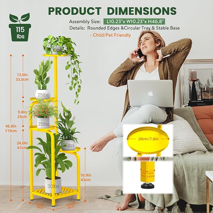 TOSKING 5 Tier Tall Plant Stand Indoor Outdoor, Heavy Duty Corner Shelf for Plants & Decor, Space Saving 3.9FT Metal Flower Pot Stand for Balcony, Garden, Living Room, Patio( Yellow, 5Tier SQ Base)