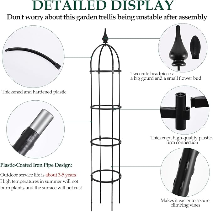 Garden Obelisk Trellis for Climbing Plants Outdoor, 6.6ft Tall Rustproof Coated Metal Plant Support with Garden Twist Tie for Tomato Cucumber Ivy Vines Rose Potted Plant Trellis 1 Pack