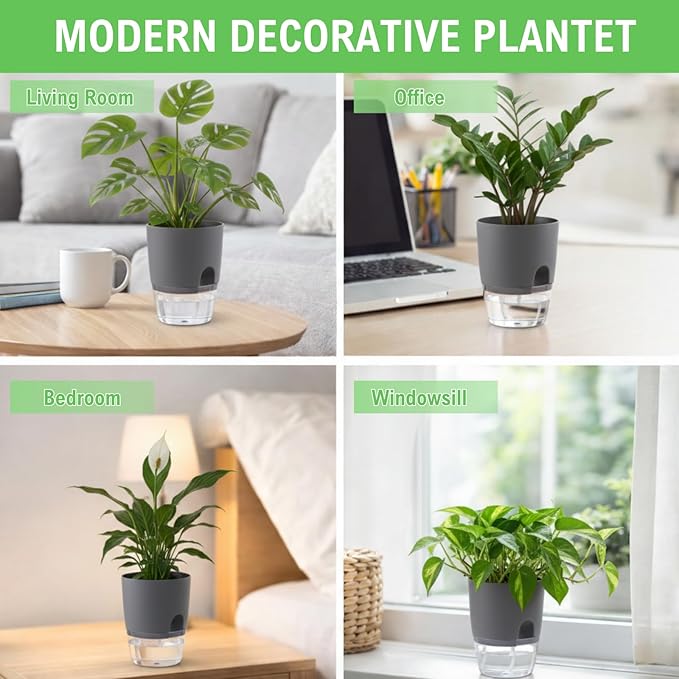 3.2 Inch Self Watering Planters Plastic Planter Pots 5 Pack Wicking Flower Pots Modern Decorative Planter for Small African Violets House Plants,Herbs,Indoor Outdoor Plant (Grey)